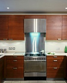 Modern kitchen with dark wood doors and stainless steel cooker unit