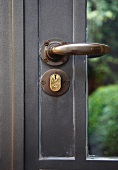 Historic glass door with metal frame, handle and lock