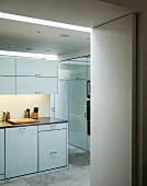 Ample storage space in spacious kitchen with white cupboard doors