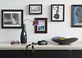 Tulip in vase and black dish on sideboard against wall of framed photographs