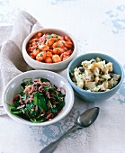Warm spinach salad with lentils, mashed potatoes with olives and white beans in tomato sauce