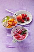 Raspberry yogurt soup and yellow porridge with rice pudding