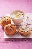 Homemade buttermilk rolls with spread with sweet Quark