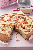 Vegetable and chicken quiche, cut