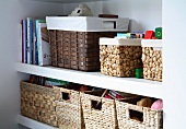 Shelves with various storage baskets