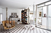 Kooky, sunny living room in youthful vintage style with eye-catching patterned flooring