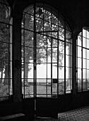 Nostalgische Schwarzweiss-Stimmung - Blick aus den raumhohen Fenstern eines historischen Gebäudes auf den parkartigen Garten