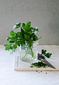 Fresh parsley in a glass and chopped parsley on chopping board