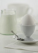 Boiled egg and a glass jar of natural yoghurt