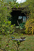 Small, overgrown summer house with bird bath in the garden