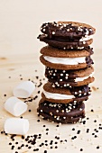 Stacked whoopie pies with chocolate and marshmallows