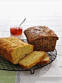 Zucchini bread on a wire kitchen rack