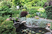 Ein kleiner Teich mit Wasserfall in einem Garten