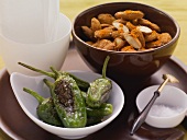 Toasted Pimientos de Padron with sea salt and spiced sugar-toasted almonds
