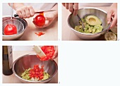 Woman Making Guacamole on Lap with Mortar and Pestle