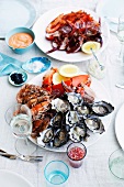 Seafood plater with various sauces