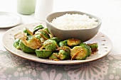Brussels sprouts with ginger-teriyaki sauce with rice