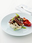 Grilled lamb with peppers and olive puree