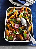 Roasted pumpkin with bacon, onions and feta