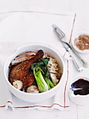 Roast duck with ginger, bok choy and shiitake rice