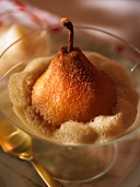 Poached pear in coffee froth