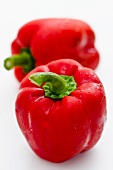 Two red peppers with drops of water