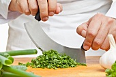 Chopping curly parsley with a mezzaluna knife