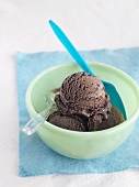 Scoops of Dark Chocolate Ice Cream in a Green Bowl with Plastic Spoons