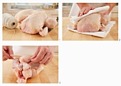 Patting chicken dry and trussing