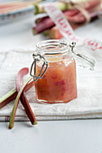 Rhubarb marmalade in a preserving jar