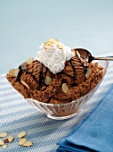 Bowl of Chocolate Ice Cream with Sliced Almonds, Chocolate Sauce and Whipped Cream
