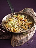 Potato orzo pasta with white cabbage and mushrooms