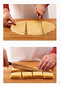 Pasta dough being cut into quadrucci