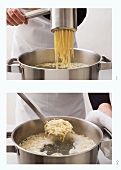 Spätzle dough (soft egg noodles from Swabia) being pressed and cooked