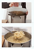 Spätzle dough (soft egg noodles from Swabia) being shaped with sieve and cooked