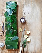 Salmon wrapped in a banana leaf