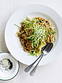 Soba noodles with Chinese cabbage, cucumber strips and ginger