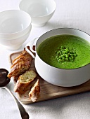 Pea and fennel soup with garlic and parmesan baguette