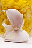 Garlic cloves in front of a bottle of garlic oil