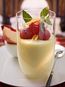 Lemon cream with raspberries and mint