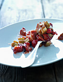 Caramelised rhubarb and strawberry pieces from the oven