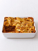 Minced meat lasagne in a baking dish