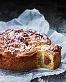 A yeast cake decorated with icing