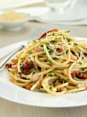 Single Serving of Spaghetti Carbonara on a White Plate