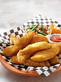 Breaded Catfish Pieces with Ketchup and Bean Salad