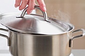 A hand lifting a lid from a pot
