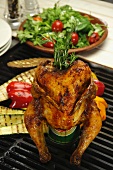 Beer tin chicken, grilled vegetables and salad