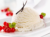 A scoop of vanilla ice cream with fresh redcurrants