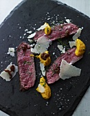 Beef steak with pumpkin puree and parmesan