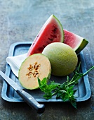Various types of melon on a tray